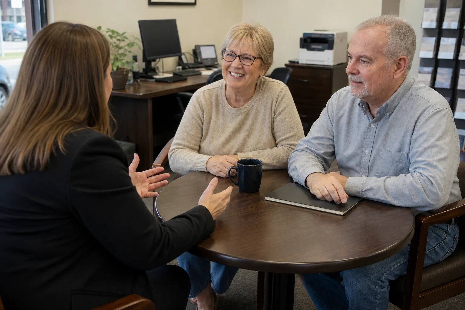 Agent talking with an older couple at a round wooden table in an office, the woman smiling, a navy coffee mug and a closed notebook on the table