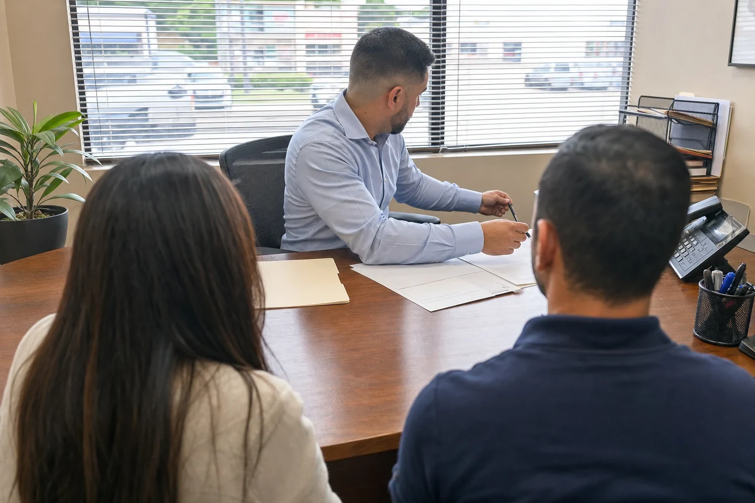 Insurance agent at a wooden office desk reviewing papers with a couple seen from behind, window blinds and a parking lot behind him, desk phone and pen cup nearby